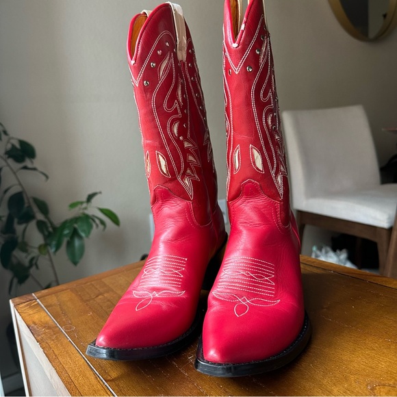 Vtg Frye Daisy Duke Studded Western Boots Women 7 M Red Snip Toe Cowboy - Picture 2 of 15